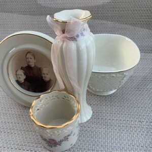 LENOX lot of Four Pieces: Round Picture Frame; Small Vase; Bowl & Fluted Vase